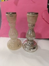 Coppia 2 Porta Candela Vetro/Silver  21 Cm Vintage