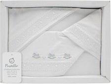 PASTELLO - COMPLETO LENZUOLA CARROZZINA NEONATO RICAMATO COTONE DONDOLO AZZURRO