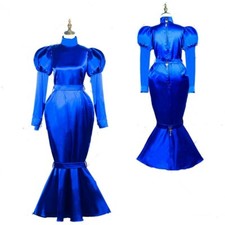 Costume cosplay ragazza sexy damigella sissy chiudibile a chiave blu raso coda di pesce vestito