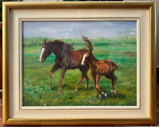 DIPINTO OLIO SU TELA - CAVALLO  E PULEDRO SU PRATO - FIRMATO "DELL' OLIO"