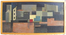 Franco CACCIAGUERRA (Pesaro 1926-1973) Paesaggio urbano metafisico OLIO 1953