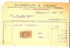 1925 MILANO Ditta MAMBRIANI & AMODEI Macchine da scrivere TORPEDO *Fattura