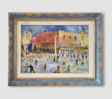 Veduta di Venezia Piazza San Marco Paesaggio Urbano Dipinto Olio Italiano Originale Firmato