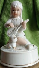 Sankyo Carillon fanciulla e gatto Ninna Nanna Di Brahms Porcellana Ottone Oro 