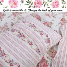 NEW!~ COZY COUNTRY CHIC PINK PURPLE RED ROSE GREEN LEAF SHABBY COTTAGE QUILT SET