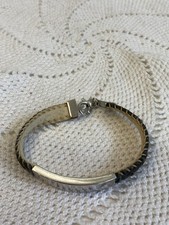Bracciale uomo in cuoio e argento 925 targhetta liscia vintage Circa 7 cm