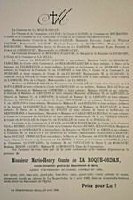 COMTE DE LA ROQUE ORDAN Gers Carayon Talpeyrac FAIRE PART Lestapis Morogue 1909