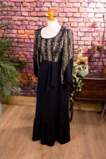 Maxi Abito Vintage Anni '70 Hippie Boho Nero Oro Lana Broccato 34 36