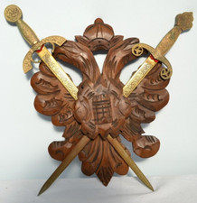 VECCHIO STEMMA IN LEGNO CON SPADE IN OTTONE - OGGETTO ESPOSITIVO, NO ARMI