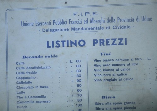 Vecchio listino prezzi per - per, bar