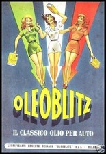 PUBBLICITA1951OLEOBLITZ OLIO AUTO FRECCE TRICOLORE RAGAZZE PIN-UP SHORTS REINACH