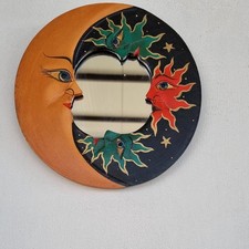 Specchio Rotondo Design Sole Luna - Legno Intagliato Multicolore 20cm