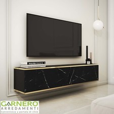 Mobile porta tv moderno sospeso soggiorno 135x30cm effetto marmo nero oro LINUS