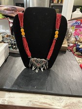 Collana dichiarazione etnica tribale perle semi rossi, perline stile resina ambra, penda