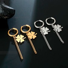 Orecchini a cerchio in acciaio inox quadrifoglio catena nappa portafortuna donna