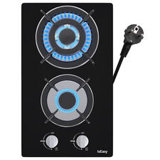 30cm Piano Cottura Vetro Nero Fornello da 2Fuochi a Gas Incasso Gas NG/LPG 3300W