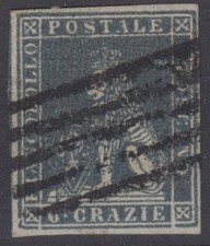 TOSCANA 1851-52 MARZOCCO 6 CRAZIE ARDESIA SU GRIGIO N.7 US. MARGINATO