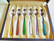 Set 6 cucchiaini Codan Mexico argento sterling smalto guilloché Demitasse CON SCATOLA