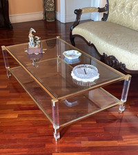 Tavolino basso - tea table -  in ottone e cristallo - anni '70 - 130x75x40cm