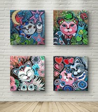 Set 4 quadri quadro gatto, tela acrilica, originale e unico arte animale, moderno