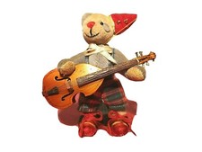 Mini Pet antico peluche orsetto musicista con vestito, chitarra in legno.Vintage