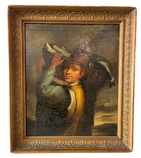 olio su tavola. ragazzo con pesce. XIX secolo 