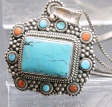 Ciondolo Collana Turchese E Argento Tibet Nepal 925 In Ottime Condizioni 