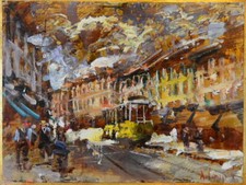 Antonio CARGNEL (1946) OLIO su Lamina di Rame Argentata "Città" anni '70