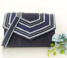 Borsa Borsetta Jeans Cotone Blu Frangia Argento Vintage 