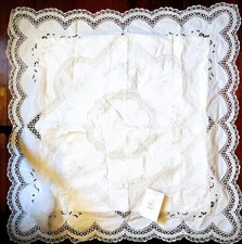 Cuscino Euro in lino/pizzo ricamato a mano nuovo VINTAGE