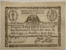 10 PAOLI ASSEGNATO ROMA BANCONOTA  1798 REPUBBLICA ROMANA TIMBRO QUADRATO