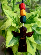 Collana Rasta Roots Africa Healing Brown croce fatta a mano cocco uomo...