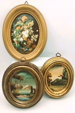 quadri vintage set 3 pz dipinto olio su tavola ovale in cornice dorata