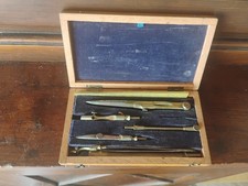 Antico Compasso In Ottone 1800 Completo Con Scatola In Legno E Riga Goniometri