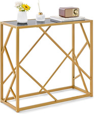 Tavolo Console Oro, Consolle Dorato, Tavolo D’Ingresso, Piano in Vetro Nero, Tel