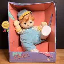 RARA bambola ragazzo americano Mattel My Child 1985 vintage occhi verdi tuta nuova con scatola