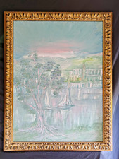 Quadro olio su tela “Paesaggio con barche a vela e alberi” cornice dorata 72x92