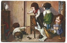 Antica Cartolina ILLUSTRATA: BAMBINI CHE GIOCANO, CACCIA AL TOPO, DI BERTIGLIA