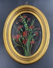 Quadro ovale vintage olio sul rame natura morta fiori cornice d'orato