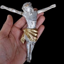 Cristo crocifisso antico in legno scolpito, mecca argento e doratura, XVIII...