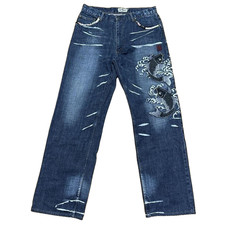 Jeans Karakuri Tamashii in denim ricamato con motivo carpa giapponese, taglia 33