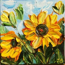 Dipinto floreale olio su tela. Arte del girasole. Fiore giallo. Dipinto Ucraina