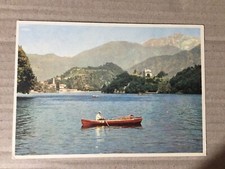 00119 Cartolina Paesaggio disegnato, lago uomo in canoa
