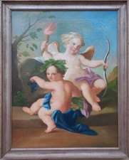 Quadro olio Putti Amorini Scena Allegorica Caccia Uva Seicenteschi