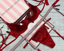 Victoria's Secret Frangia Aperto Shine Cinturino Reggiseno E Tanga Set Rosso 3pc