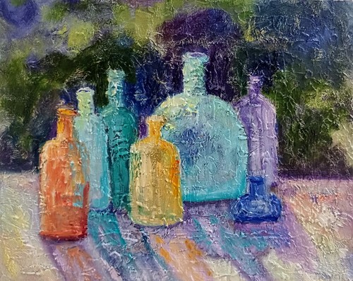 Bottiglie colorate quadro olio