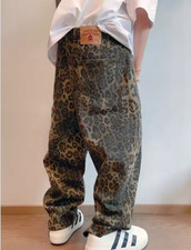 Pantaloni autunno marrone stampa leopardata oversize street hip hop stile fit jeans