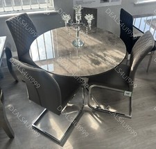 Set Tavolo da Pranzo Aura Rotondo 105cm Grigio Effetto Marmo 4 Sedie Peluche Velluto NUOVO