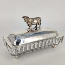 Antica scatola porta burro "mucca d'argento" in cristallo e argento 800 - 1930 ca.
