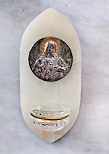 PICCOLA ACQUASANTIERA IN MARMO GRIGIO E PLACCA CON SACRO CUORE DI GESU'